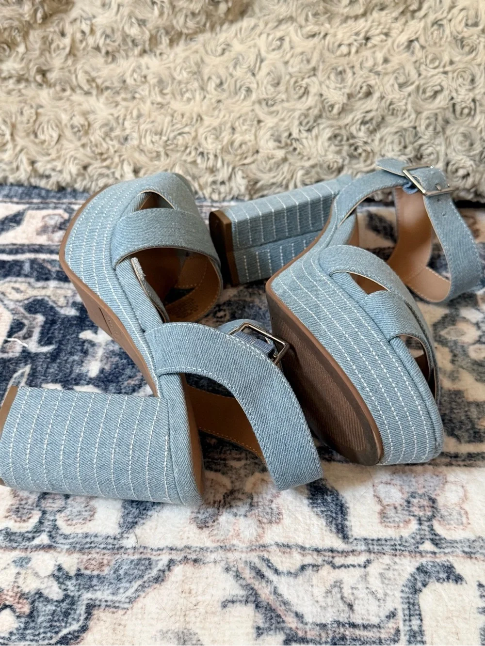 ☀️Sun + Stone Denim Platform Block Heel Sandals Size 6.5 ☀️